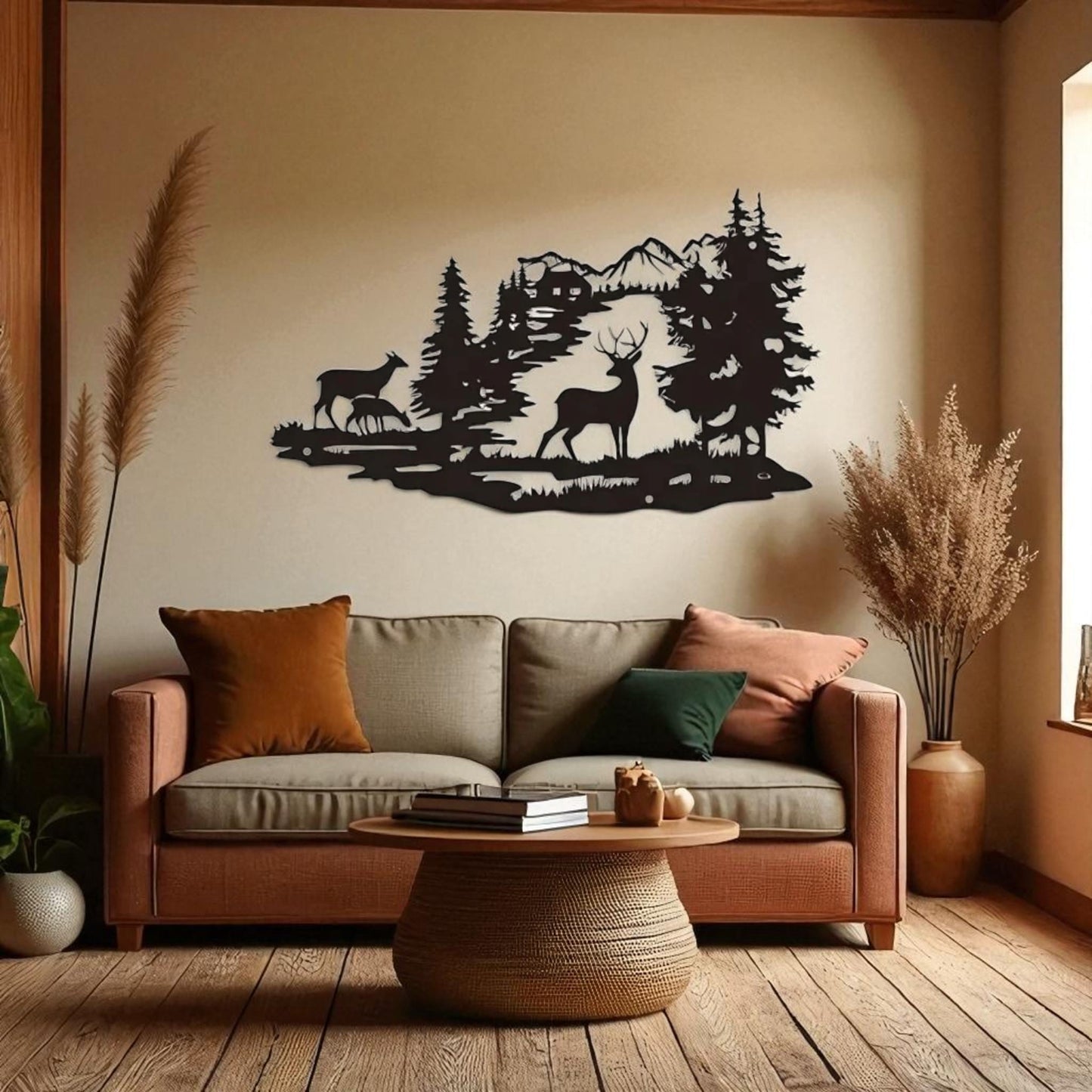 Deer Forest Silhouette Metal Wall Art – Rustic Cabin Home Decor