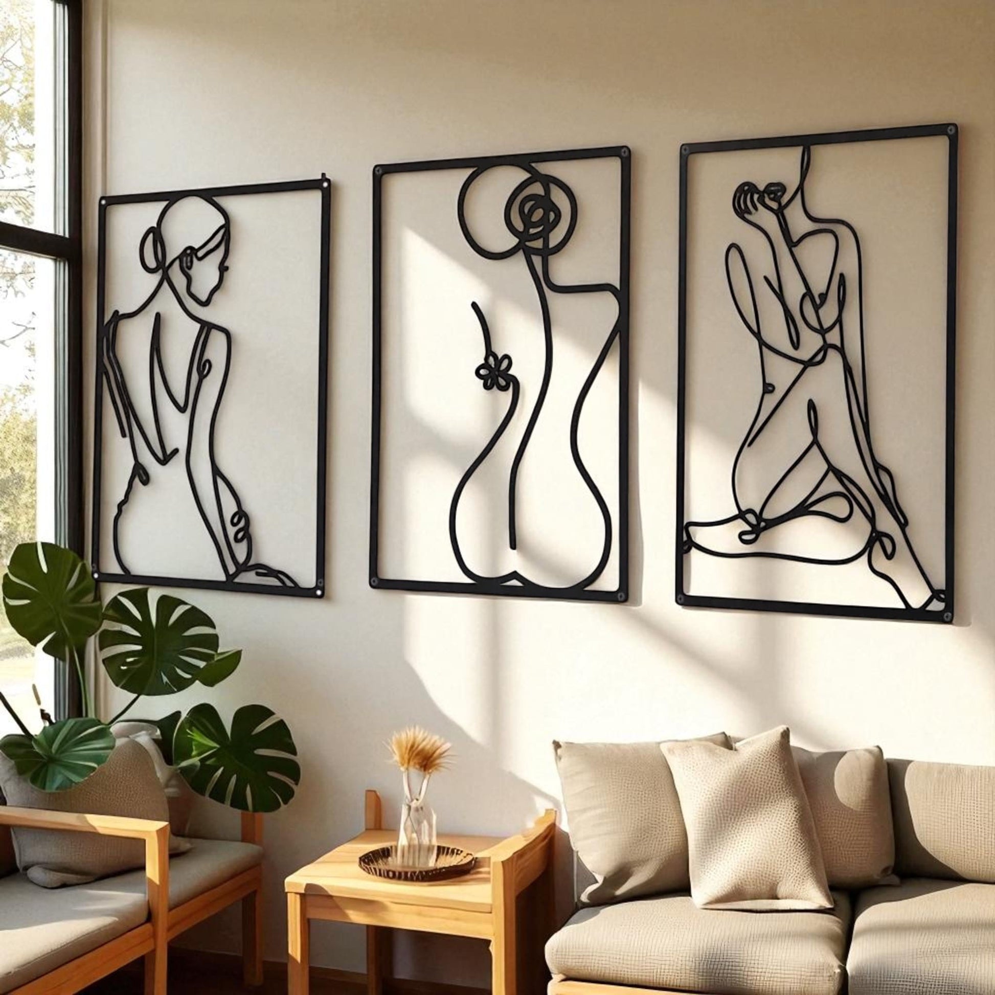 Female line art wall decor – 3-piece metal minimalist sculpture set  Geniogoods
