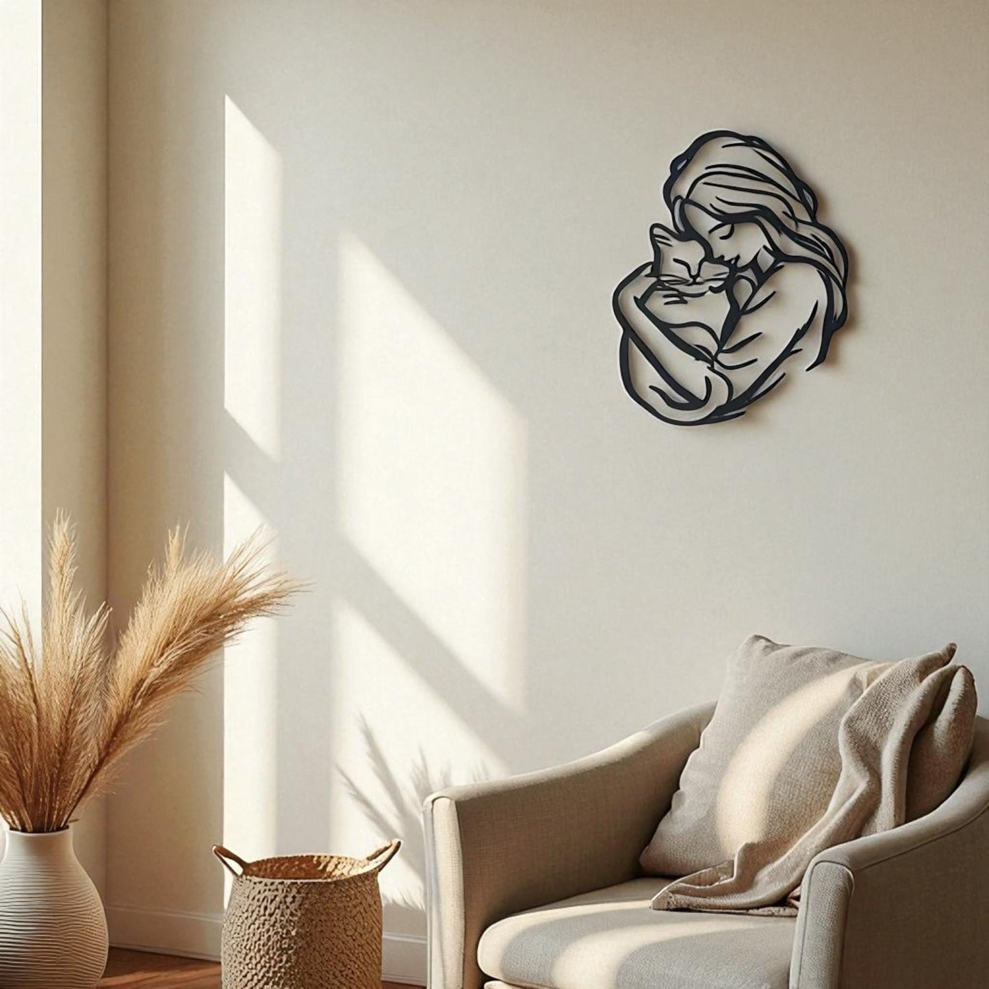 Cat Lover Metal Wall Art – Woman Hugging Cat Silhouette