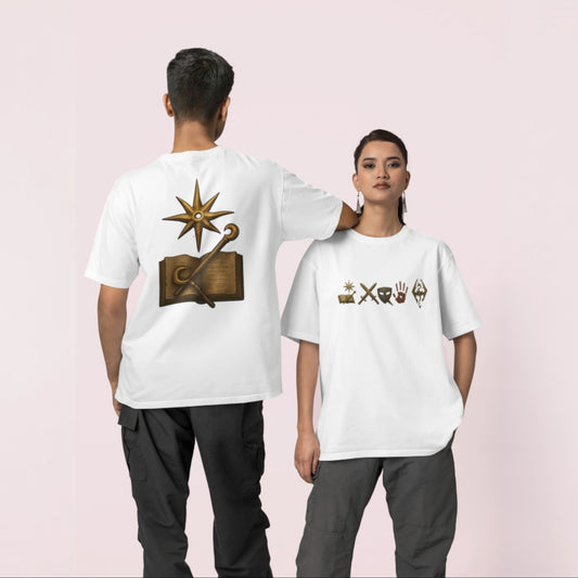 Two people wearing white t-shirts with star and compass design on a pink background
