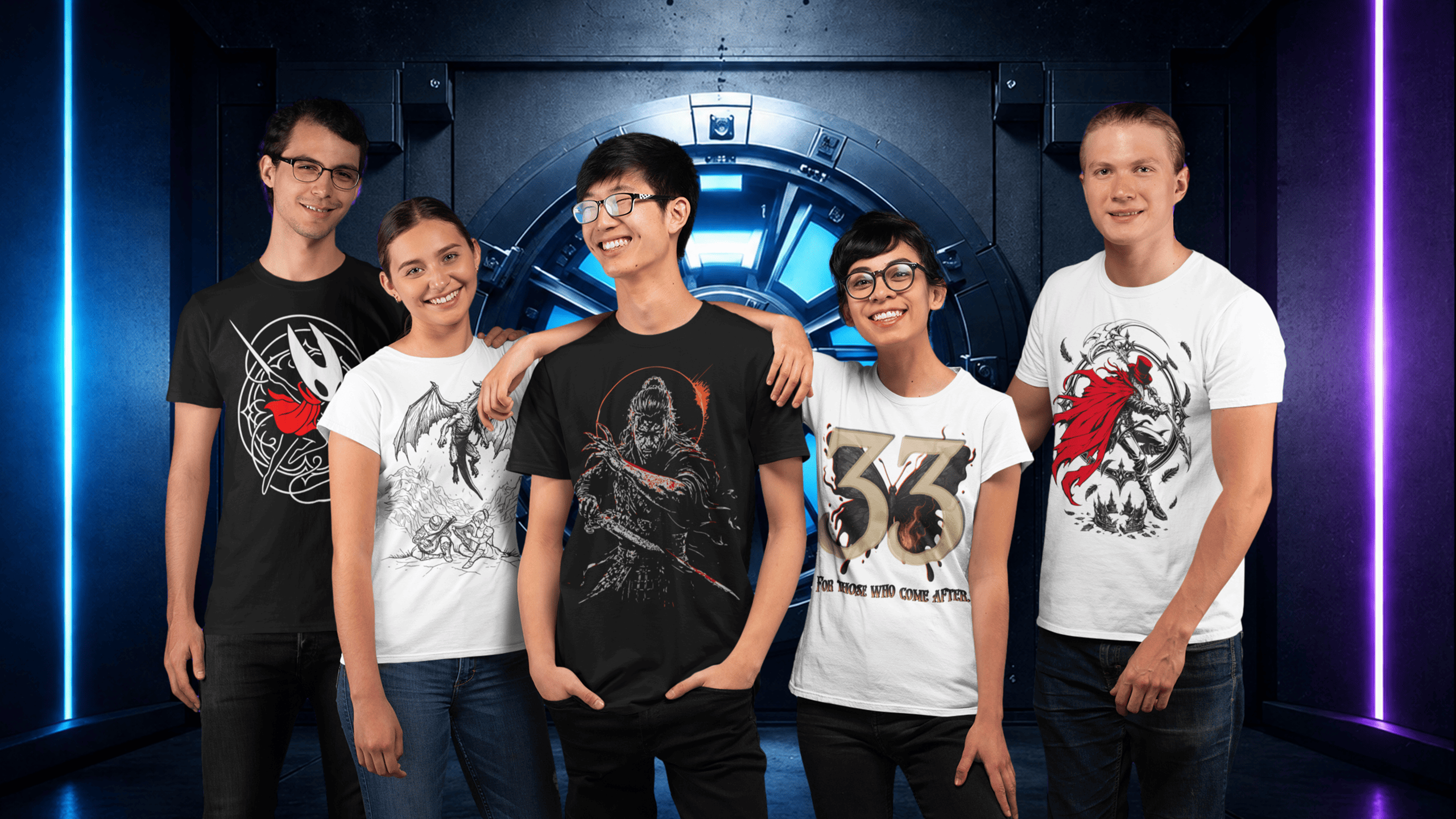 Group of models wearing GenioGoods gamer apparel T-shirts in a futuristic blue and orange gaming studio.