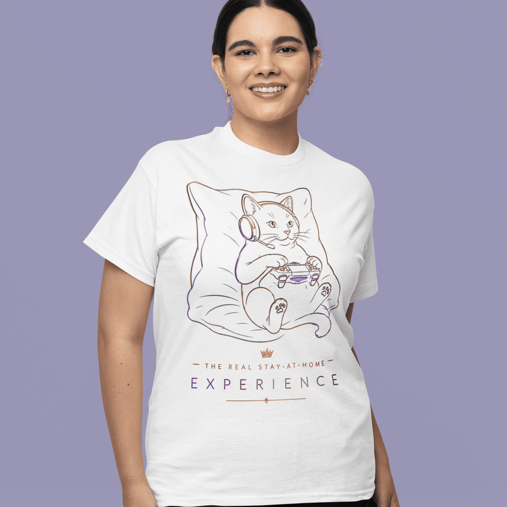 Full body front view of The Real Stay-at-Home Experience Gamer T-Shirt worn by a smiling model