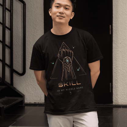 Front view of Skill Is My Middle Name Gamer T-Shirt with Fantasy Power Art worn by a model by a doorway