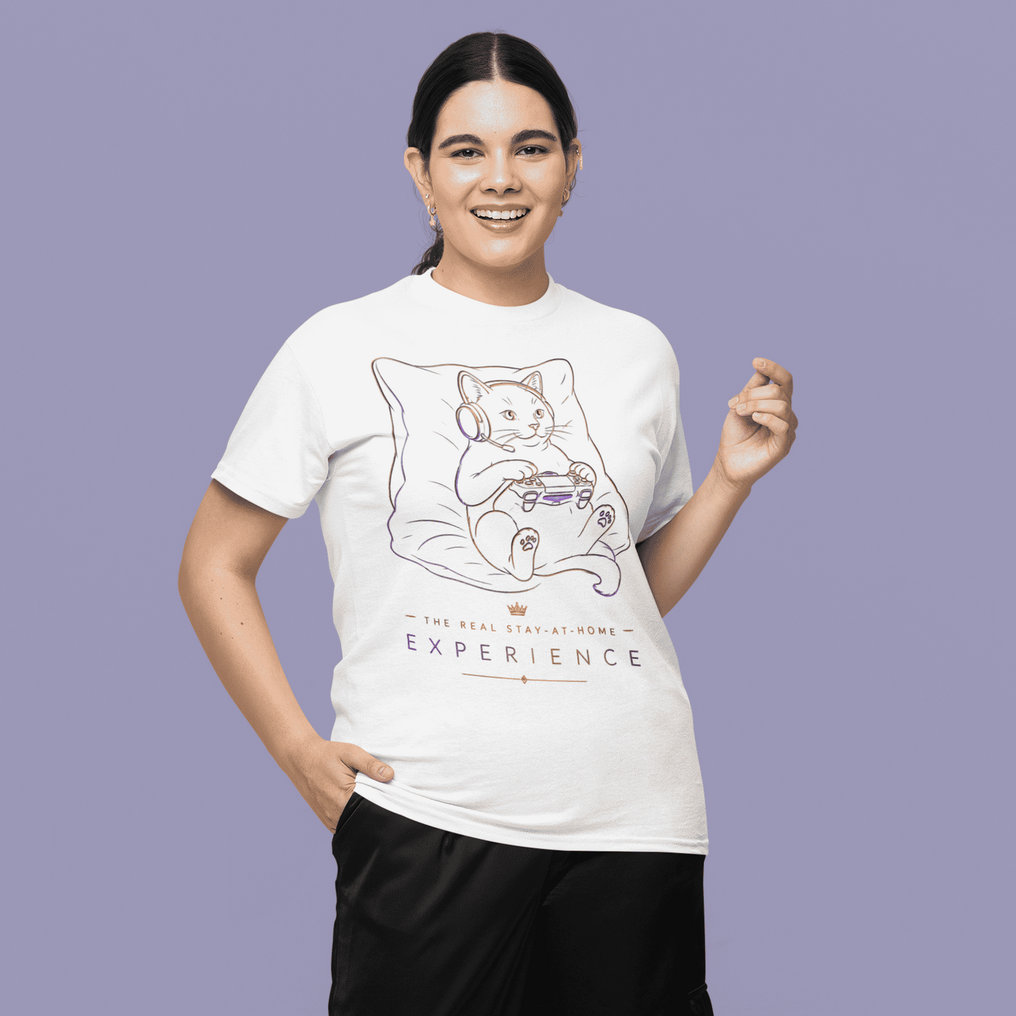 Full body front view of The Real Stay-at-Home Experience Gamer T-Shirt worn by a model on a purple backdrop