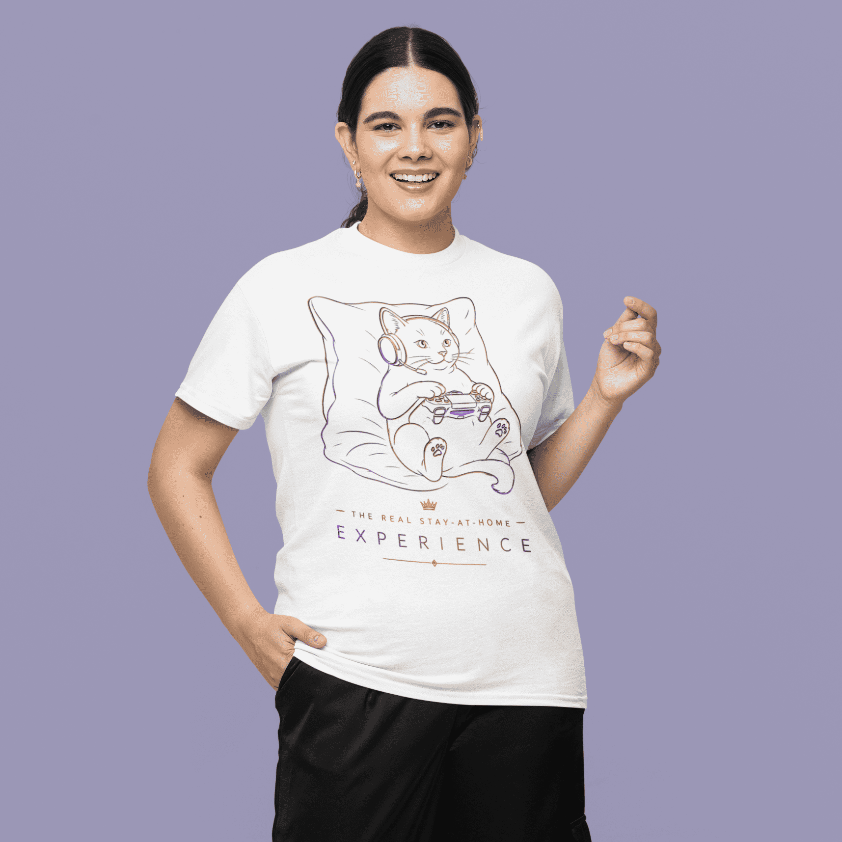 Full body front view of The Real Stay-at-Home Experience Gamer T-Shirt worn by a model on a purple backdrop