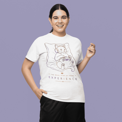 Full body front view of The Real Stay-at-Home Experience Gamer T-Shirt worn by a model on a purple backdrop