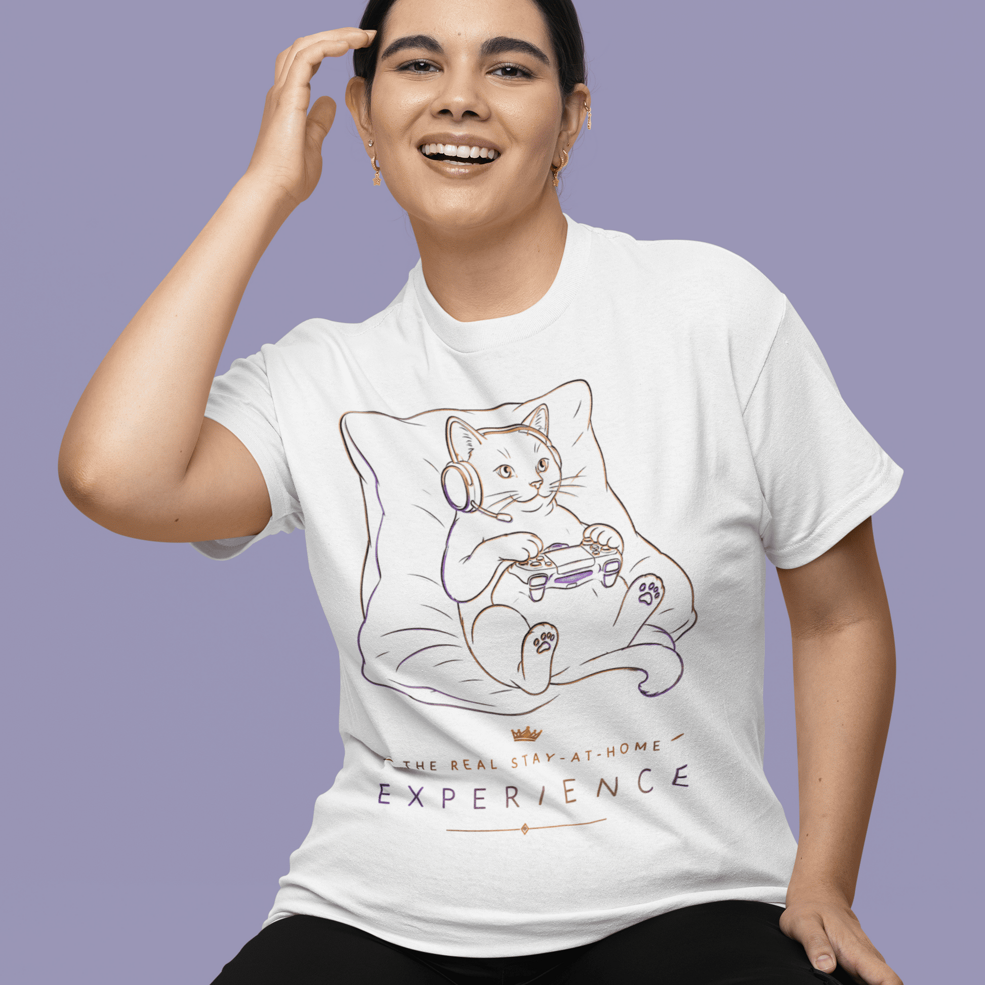 Front view of The Real Stay-at-Home Experience Gamer T-Shirt worn by a seated model on a stool