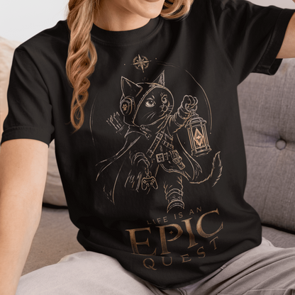 Relaxed seated view of Life Is an Epic Quest Gamer T-Shirt with Adventure Cat Art styled with a casual cap