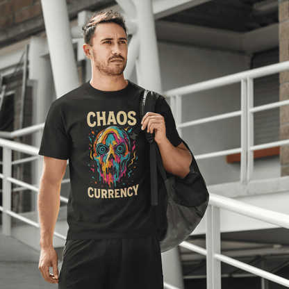 Man wearing a black t-shirt with colorful graphic and text, standing outdoors.