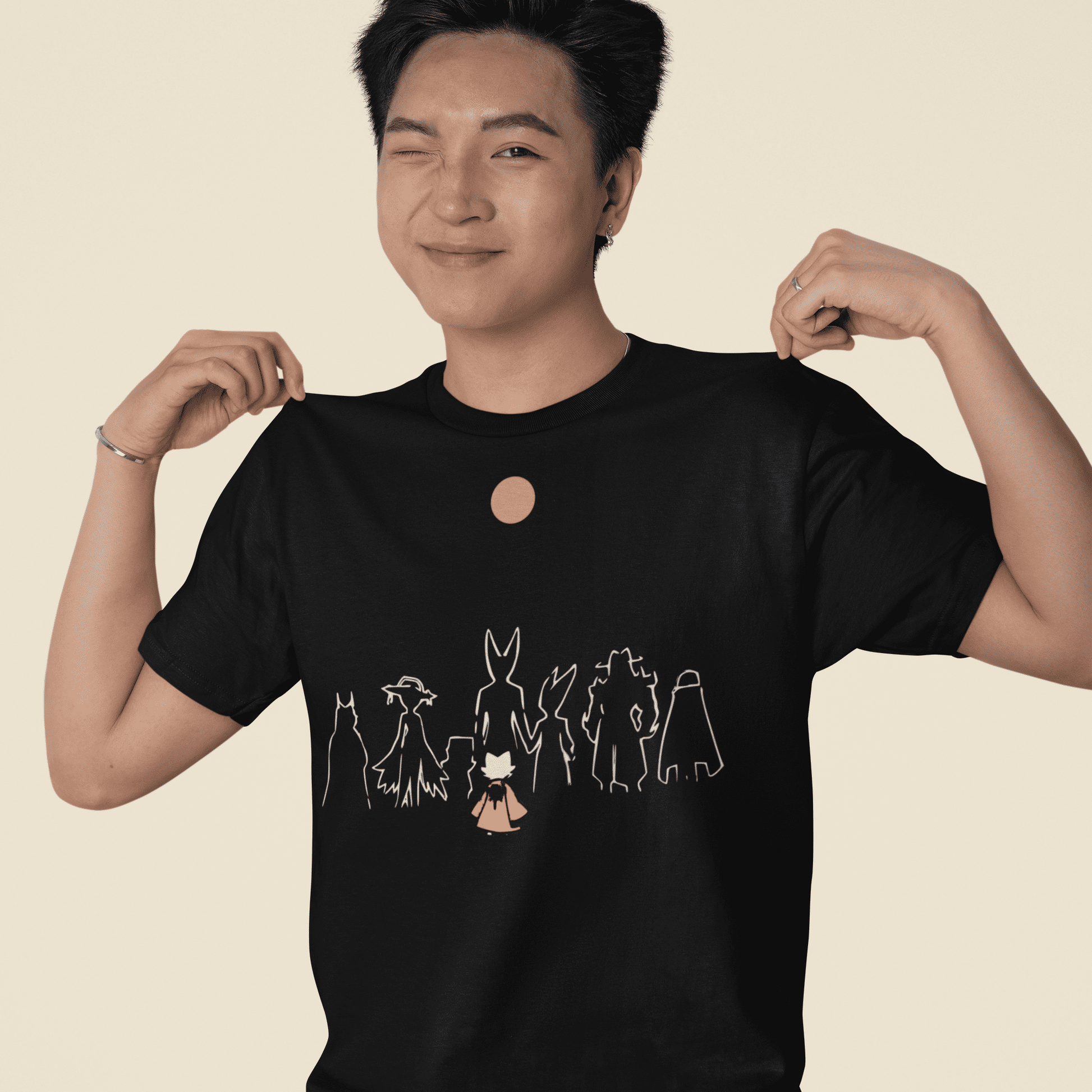 Male model posing in the black Nine Sols Character Tee – Under the Golden Sol with hands raised.
