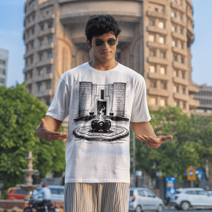 Person wearing a white t-shirt with a graphic design in an urban setting
