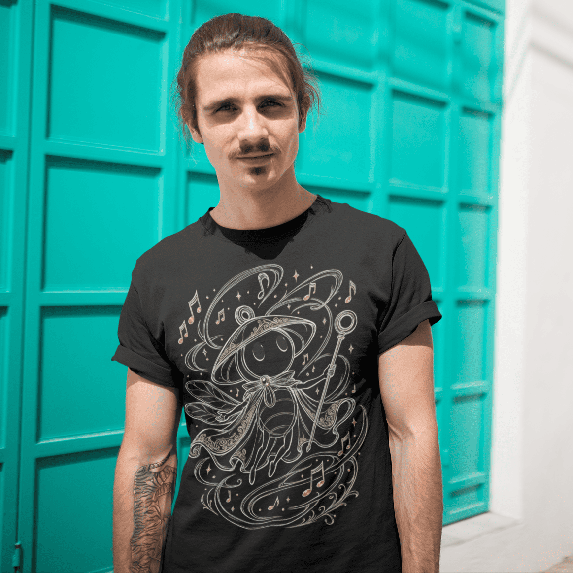 Front lifestyle view of Sherma Wandering Melody T-Shirt – Silksong Fan Art worn outdoors beside teal doors