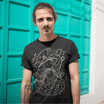 Front lifestyle view of Sherma Wandering Melody T-Shirt – Silksong Fan Art worn outdoors beside teal doors