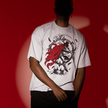 Front view of a model wearing the white Crowsworn Crimson Scythe T-Shirt with dark fantasy combat artwork