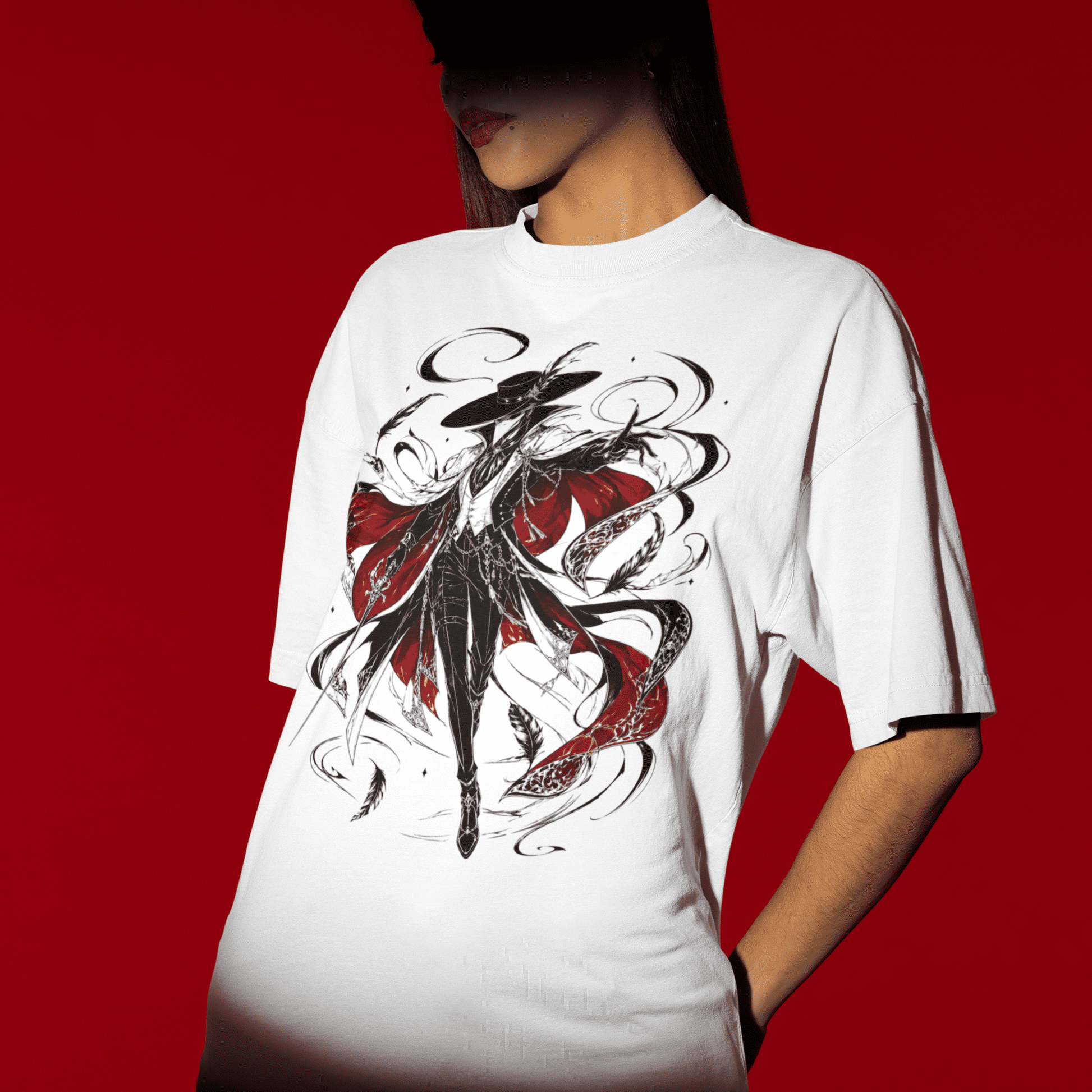 Angled view of the Crowsworn Crimson Wraith T-Shirt on a model with the artwork visible