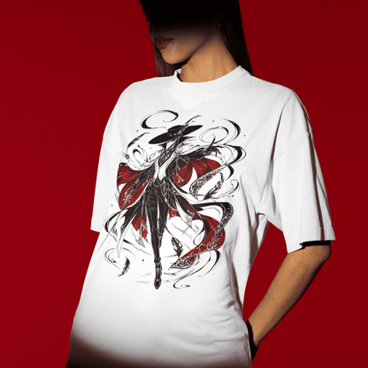 Angled view of the Crowsworn Crimson Wraith T-Shirt on a model with the artwork visible