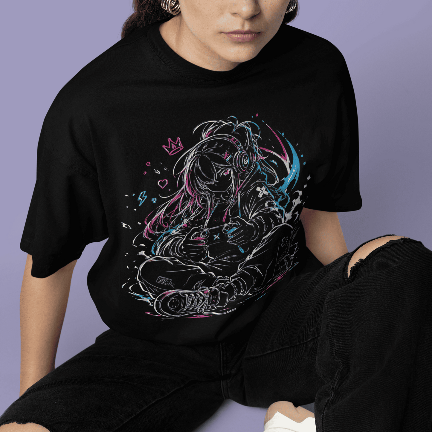 Seated front view of Anime Gamer Girl T-Shirt – Neon Focus Mode on a model, showing neon gamer girl artwork on black fabric.