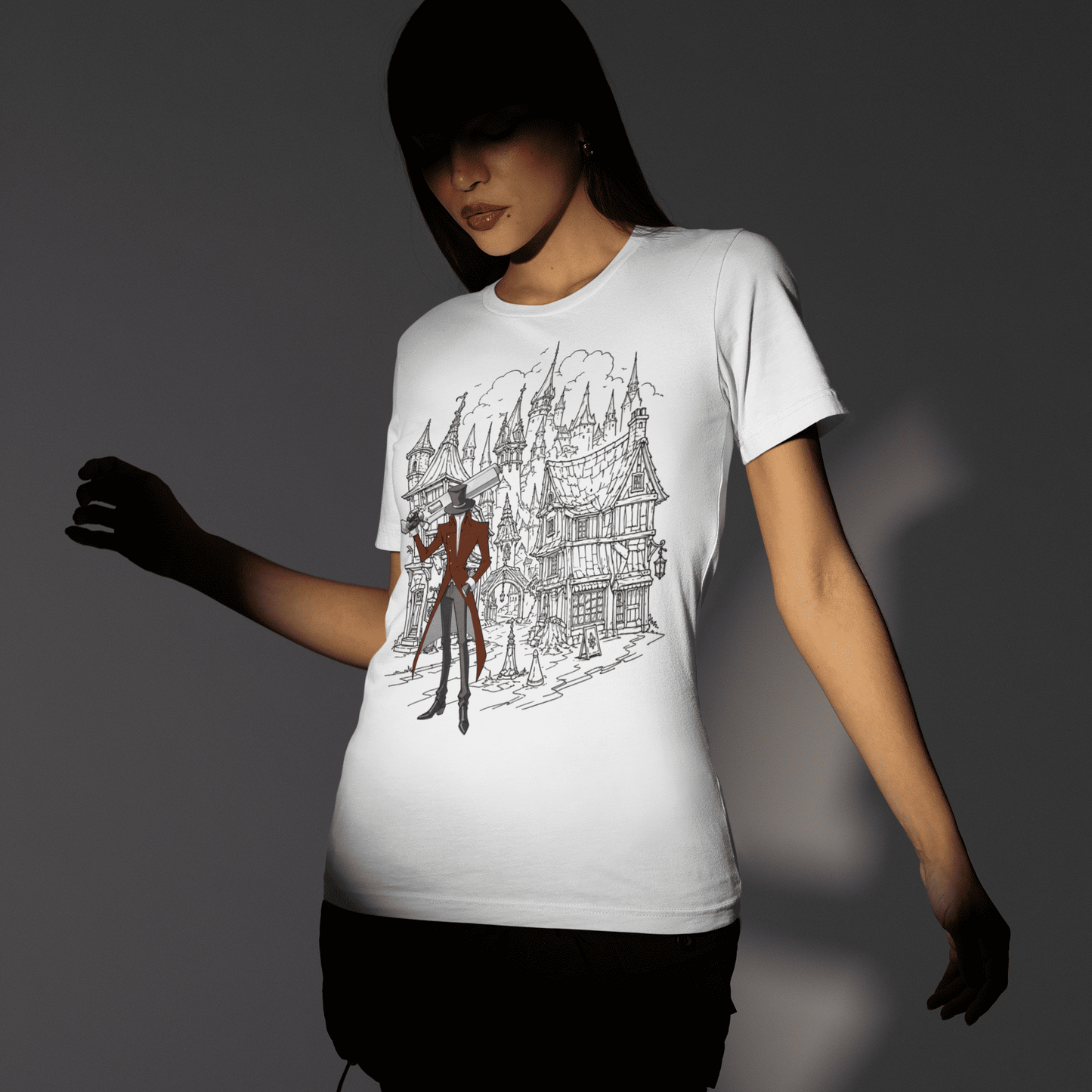 Front angled view of a model wearing the white Crowsworn Gothic Hunter T-Shirt with gothic fantasy artwork