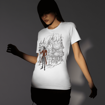 Front angled view of a model wearing the white Crowsworn Gothic Hunter T-Shirt with gothic fantasy artwork