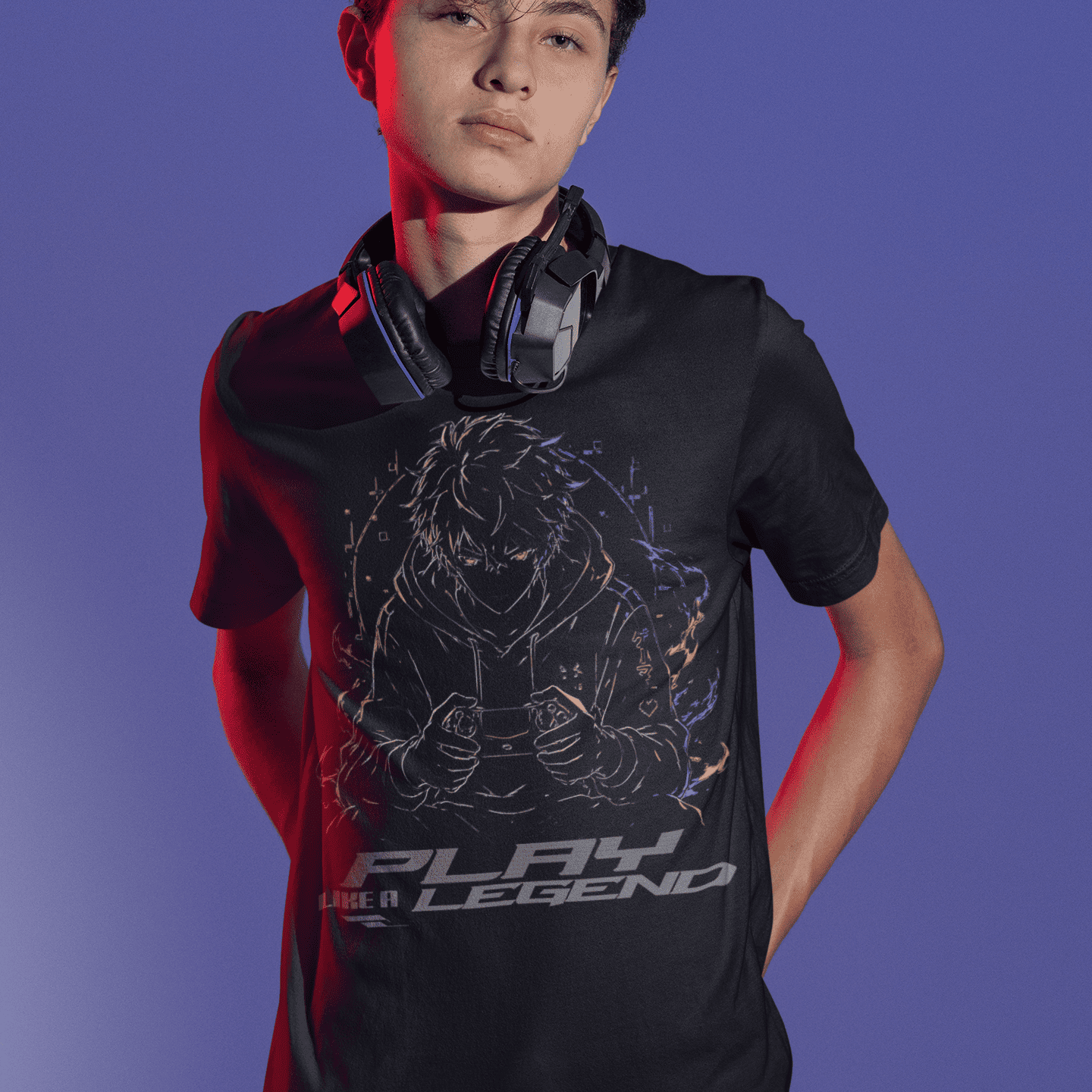 Front view of Play Like a Legend Gamer T-Shirt – Anime Player Mode shown on a model against a purple backdrop