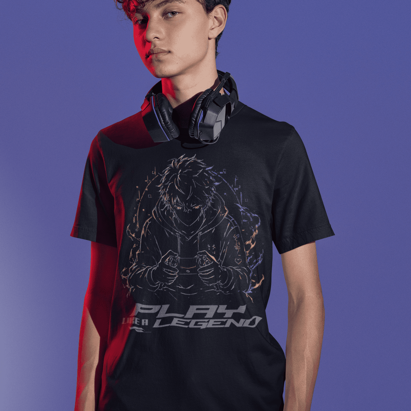 Full front view of Play Like a Legend Gamer T-Shirt – Anime Player Mode with the artwork centered on the chest