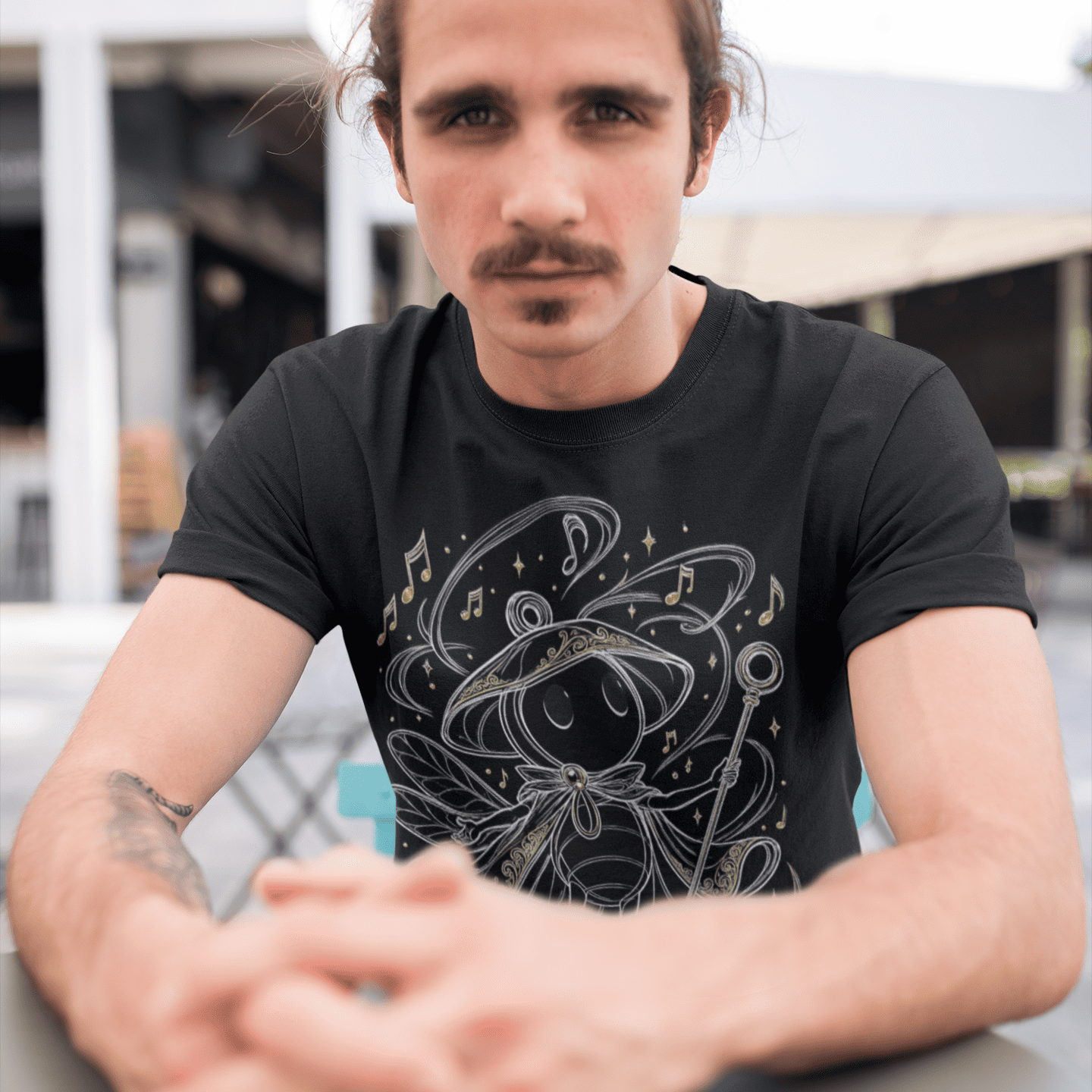 Seated front view of Sherma Wandering Melody T-Shirt – Silksong Fan Art with the graphic visible on a black tee