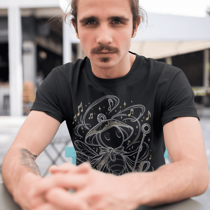 Seated front view of Sherma Wandering Melody T-Shirt – Silksong Fan Art with the graphic visible on a black tee