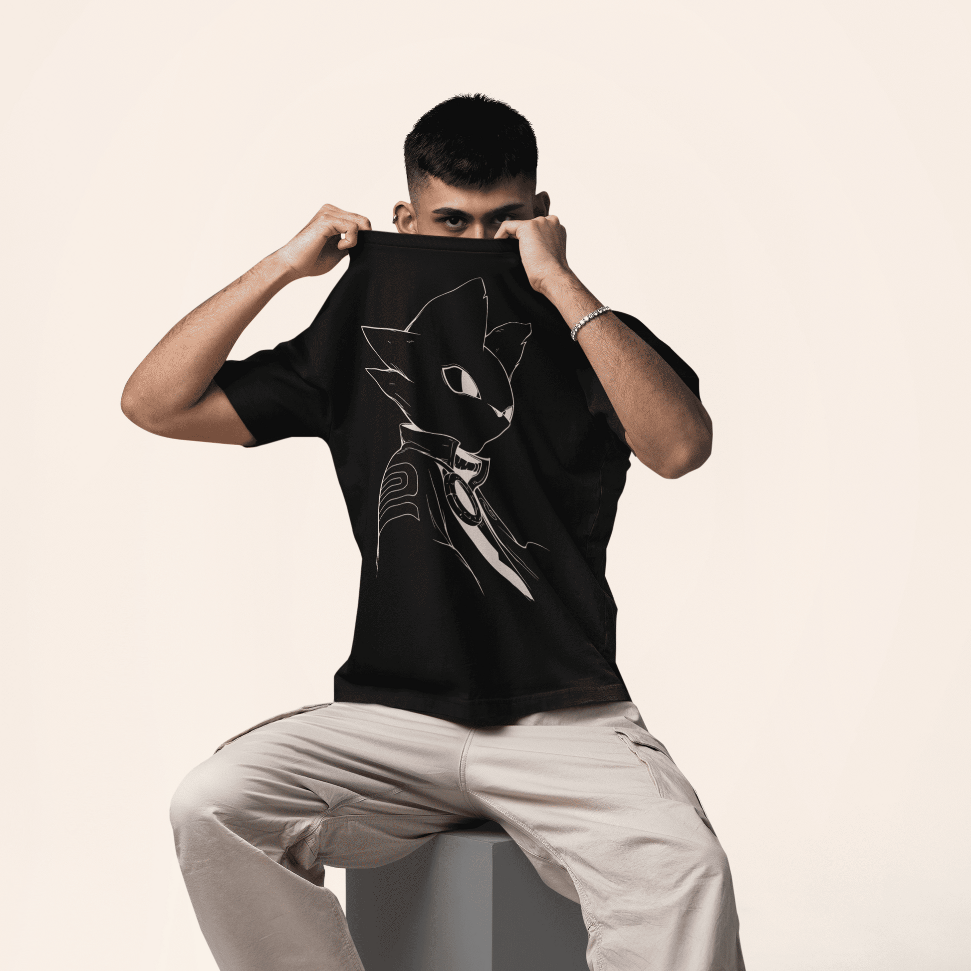 Male model posing on a neutral studio background while wearing the black Nine Sols T-Shirt – Silent Resolve Taopunk Portrait.
