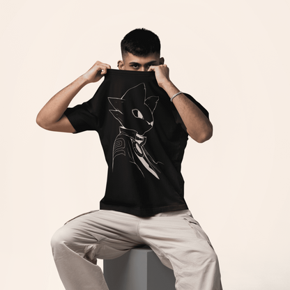 Male model posing on a neutral studio background while wearing the black Nine Sols T-Shirt – Silent Resolve Taopunk Portrait.