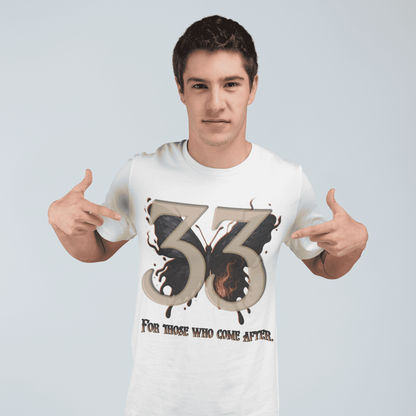 Model pointing to the Expedition 33 "For Those Who Come After" design on gamer t-shirt inspired by Clair Obscur Expedition 33.