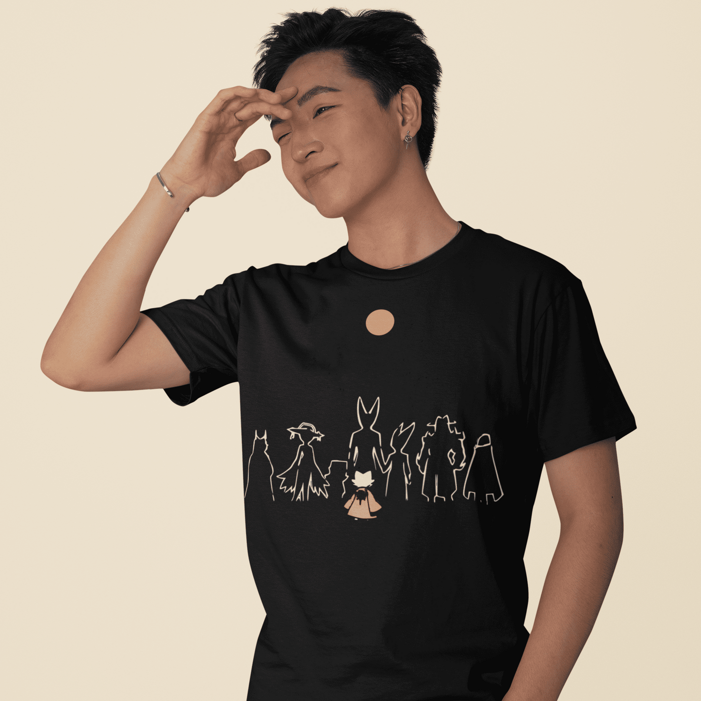 Lifestyle image of a model wearing the Nine Sols Character Tee – Under the Golden Sol in a casual standing pose.