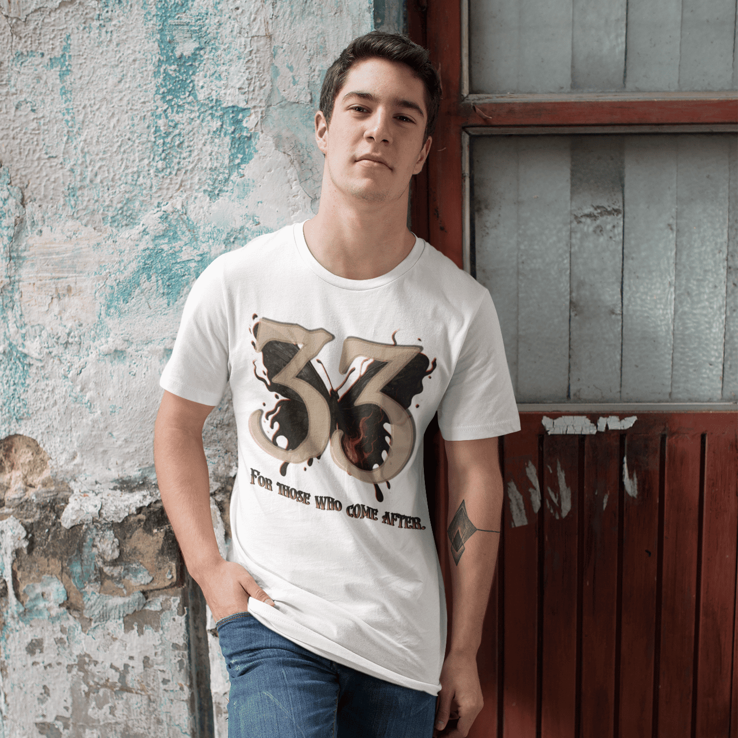 Male model wearing the Expedition 33 "For Those Who Come After" gaming t-shirt inspired by Clair Obscur Expedition 33.