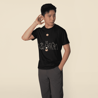 Full-body view of a model wearing the black Nine Sols Character Tee – Under the Golden Sol in a studio setting.