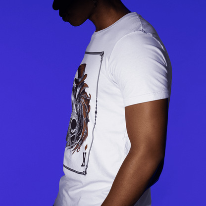 Side profile view of a model wearing the white Crowsworn King of Diamonds T-Shirt with the front artwork partially visible