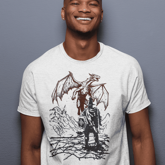 Model wearing the White Enshrouded Corrupted Dragon Stand T-Shirt showing front corrupted dragon graphic in a cropped smiling pose
