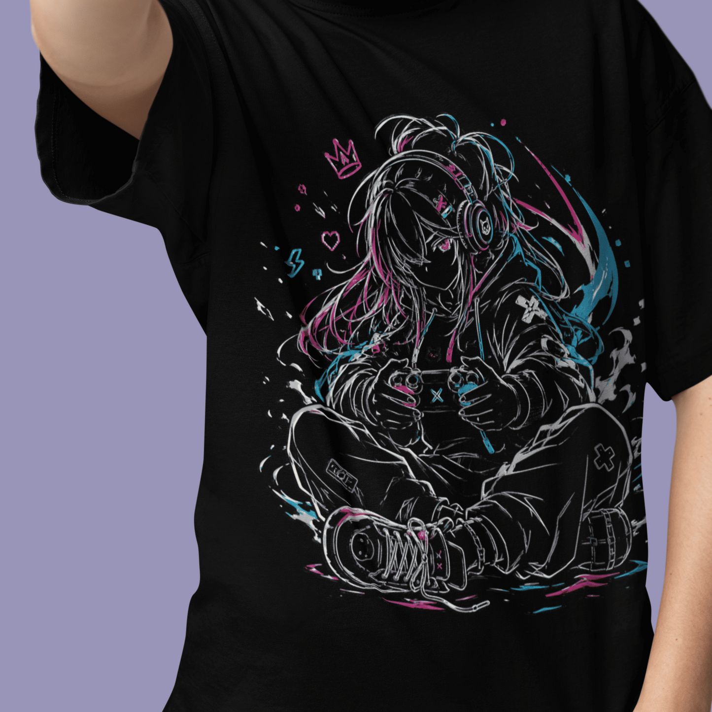 Close-up front view of Anime Gamer Girl T-Shirt – Neon Focus Mode on a model, highlighting the neon anime gamer graphic.