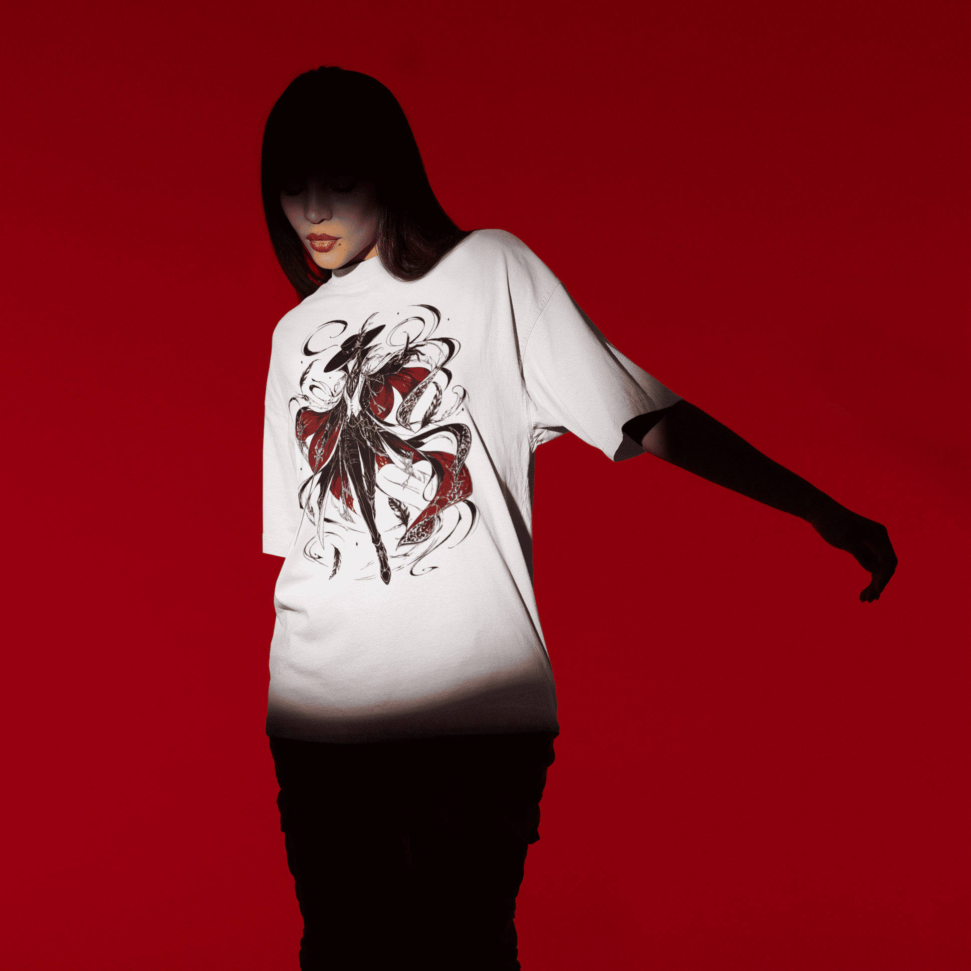 Full-body model view of the Crowsworn Crimson Wraith T-Shirt with gothic fantasy artwork