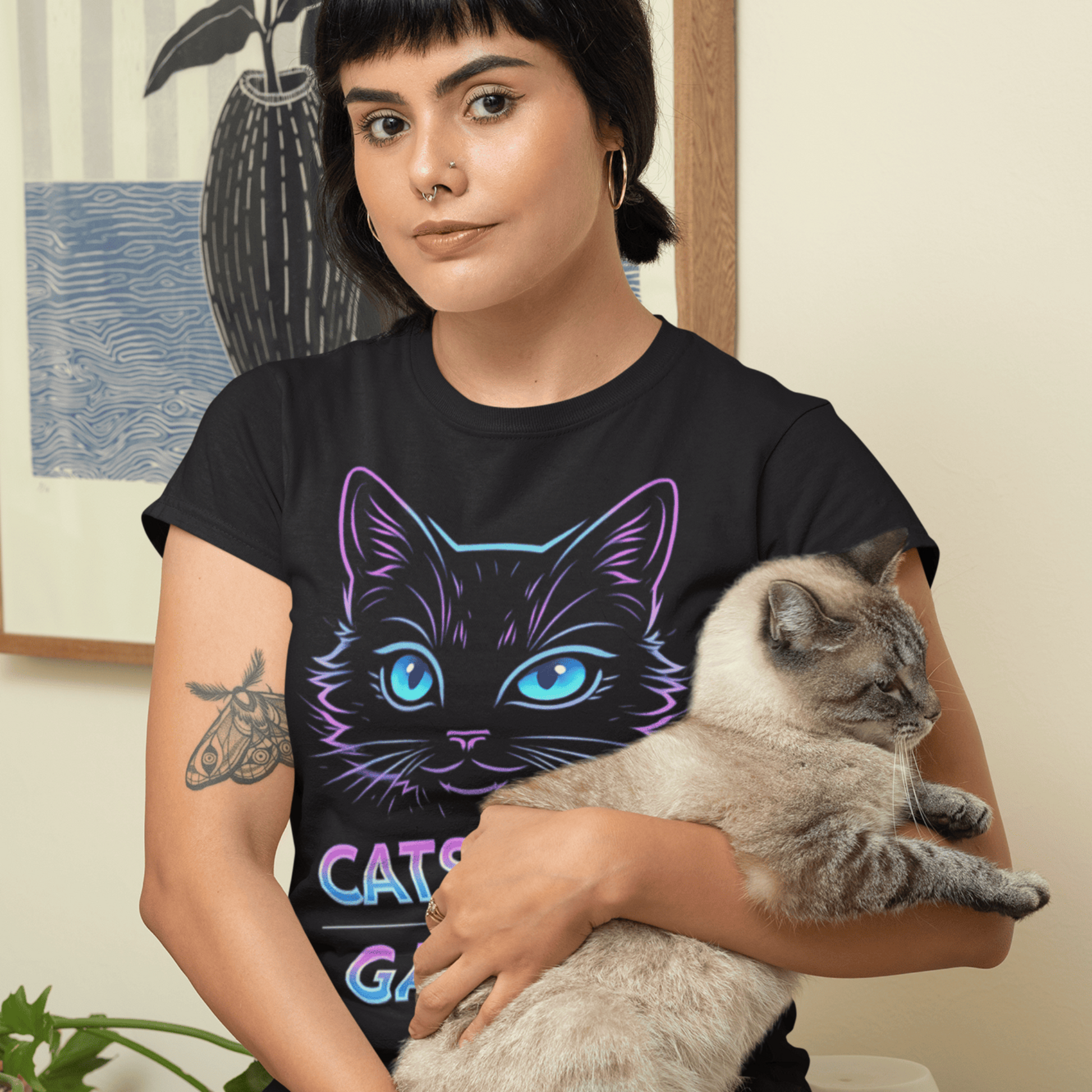 Cats and Gaming T-Shirt – Neon Gamer Cat Aesthetic – original gamer merch by GenioGoods