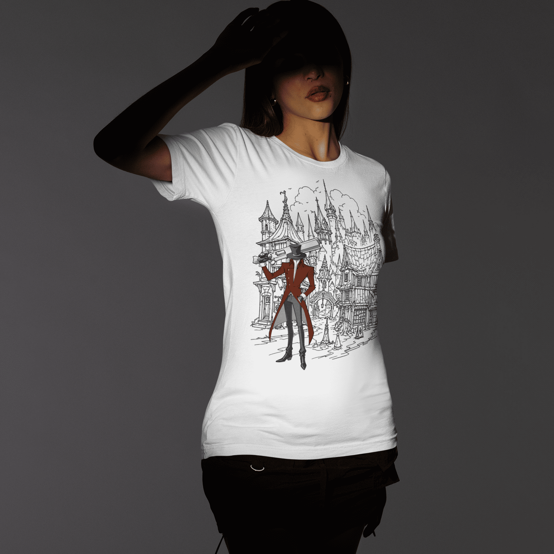 Front view of a model wearing the white Crowsworn Gothic Hunter T-Shirt featuring the ruined kingdom design