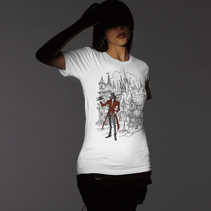 Front view of a model wearing the white Crowsworn Gothic Hunter T-Shirt featuring the ruined kingdom design