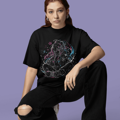 Front seated view of Anime Gamer Girl T-Shirt – Neon Focus Mode on a model, showing the neon headset gamer artwork on black fabric.
