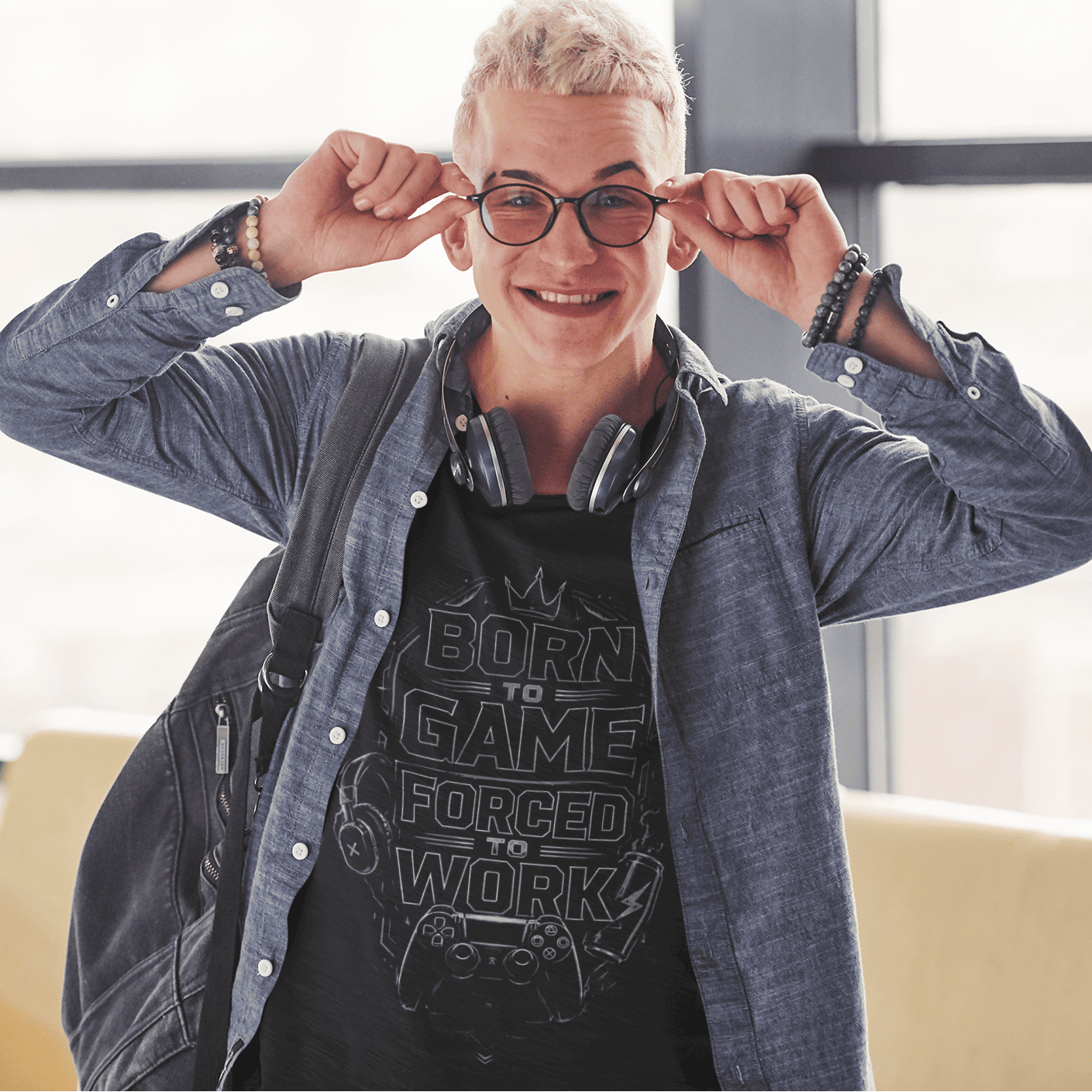 Front view of Born to Game Forced to Work T-Shirt – Headset Gamer Mode with sunglasses and headphones