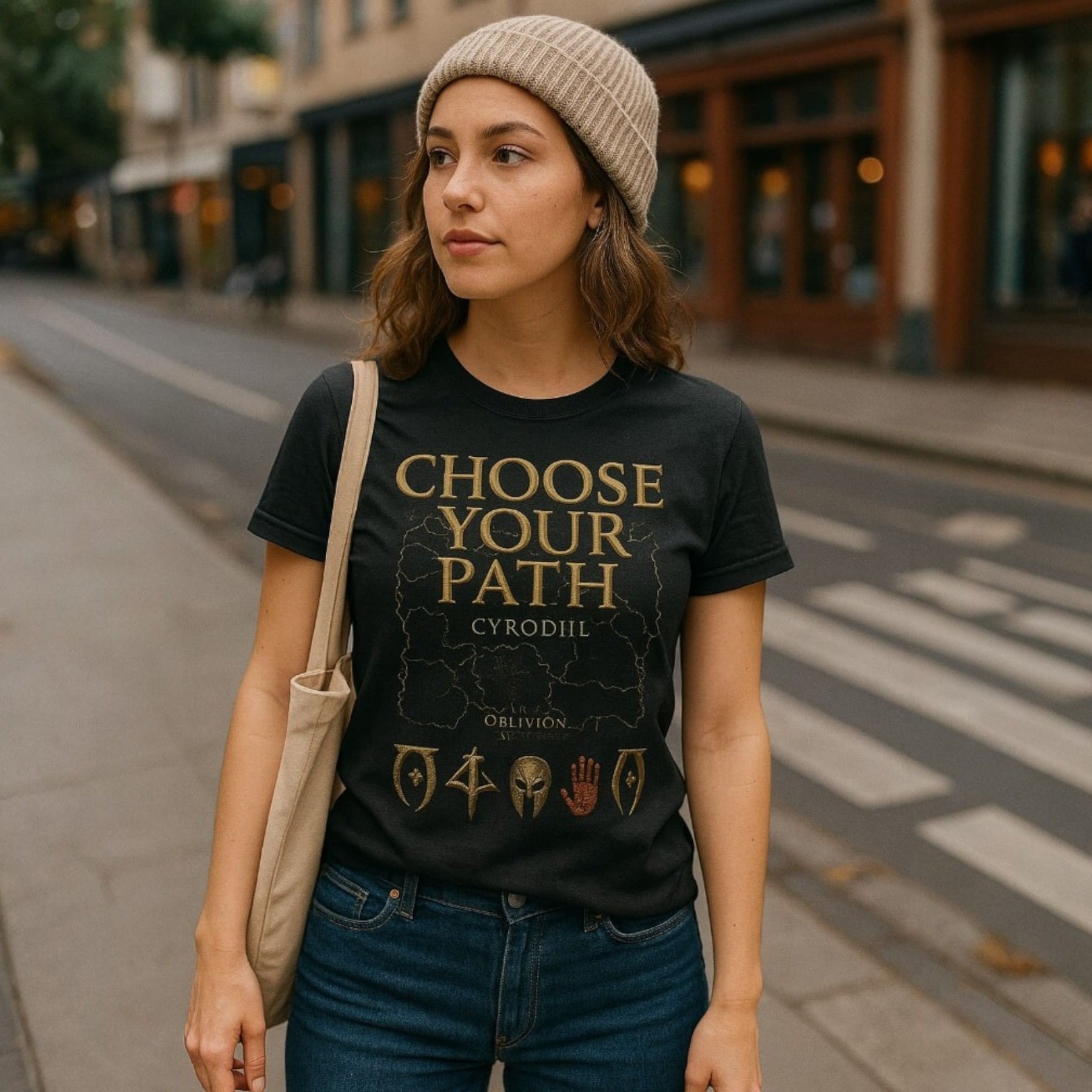 Woman wearing a black t-shirt with 'Choose Your Path' text on a city street.