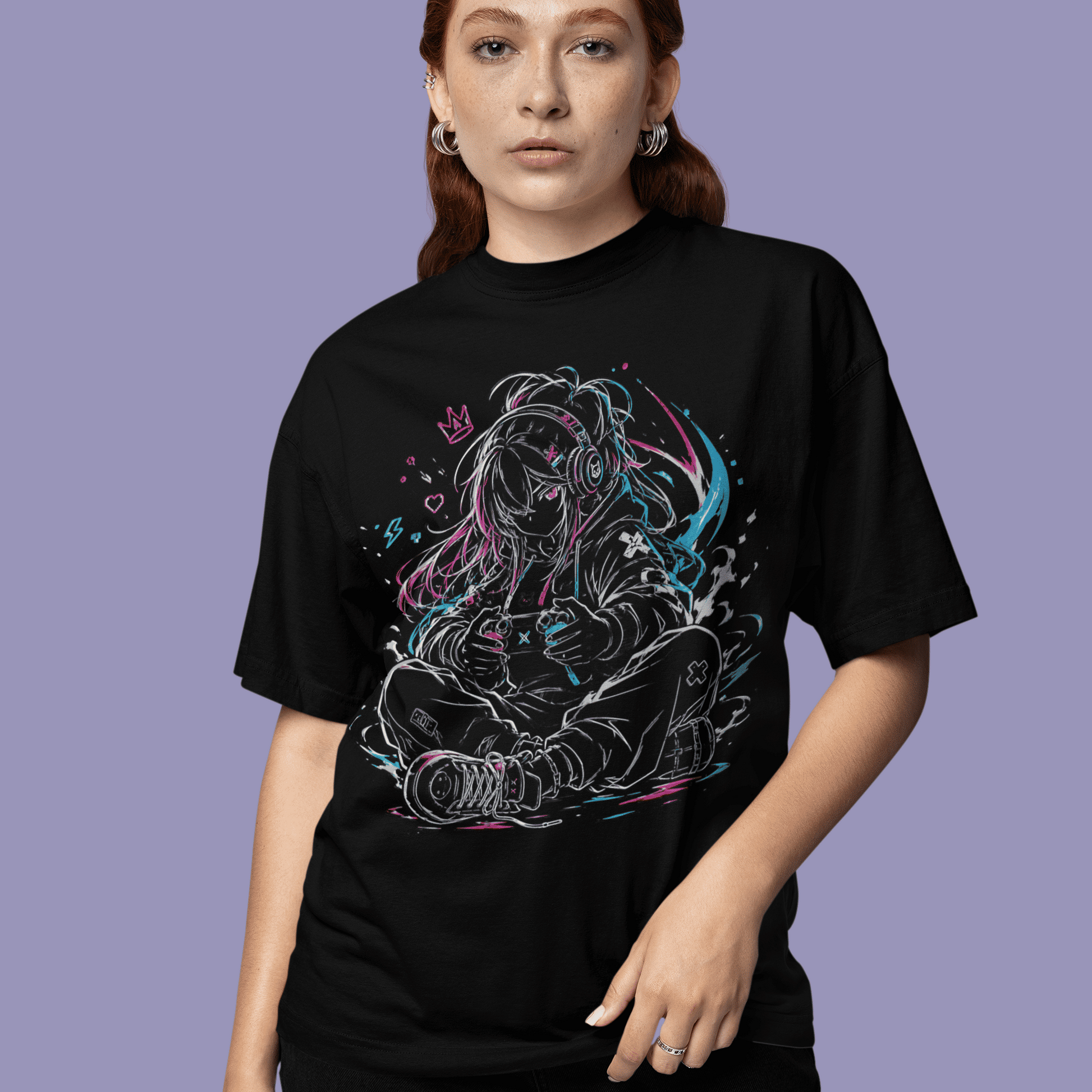 Full front view of Anime Gamer Girl T-Shirt – Neon Focus Mode on a model, featuring the headset gamer girl artwork.