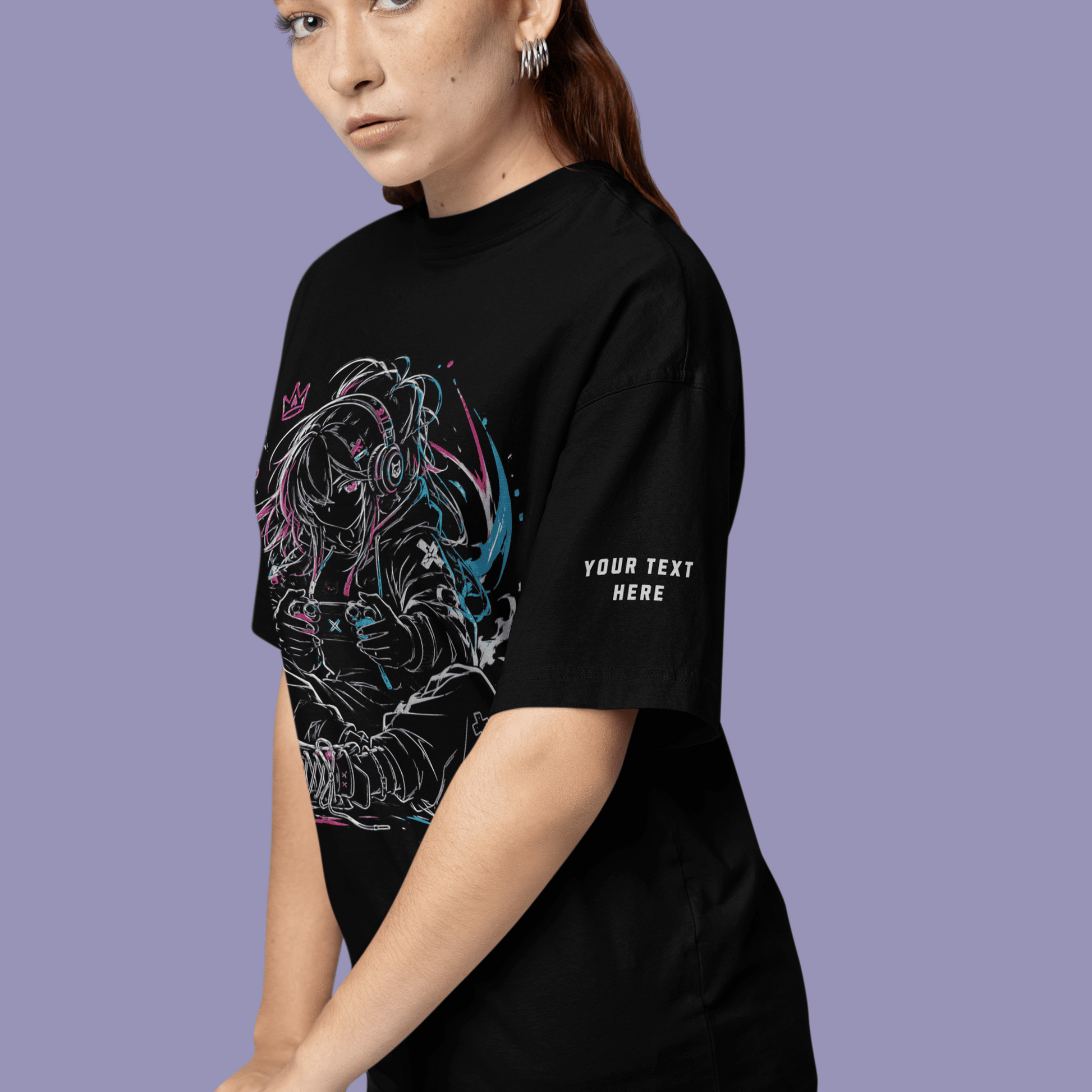 Side view of Anime Gamer Girl T-Shirt – Neon Focus Mode on a model, showing front neon art and custom sleeve text.