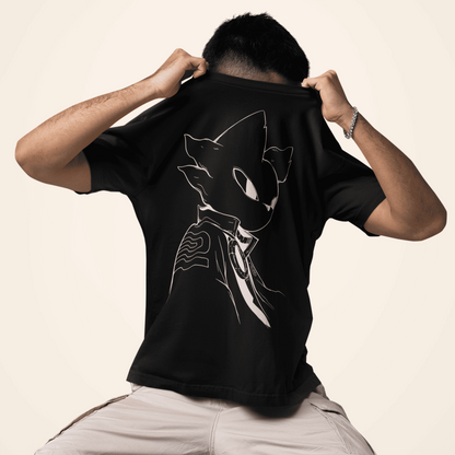 Back view of a male model wearing the black Nine Sols T-Shirt – Silent Resolve Taopunk Portrait in a minimalist studio pose.