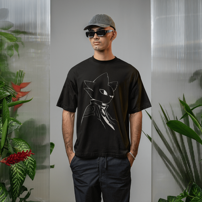 Full-body lifestyle image of a male model wearing the black Nine Sols T-Shirt – Silent Resolve Taopunk Portrait indoors with tropical plants.