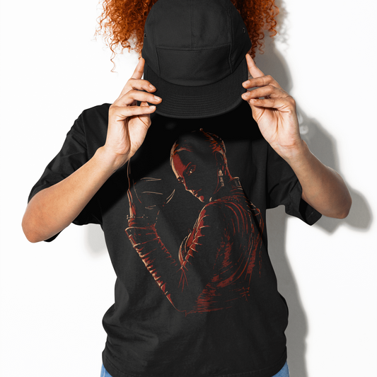 Front view of a model wearing The Blood of Dawnwalker Lacra-Inspired T-Shirt with dark gothic character artwork.
