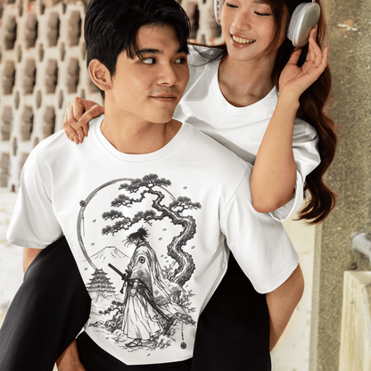 Male model with a companion wearing Fuji Samurai T-Shirt with quiet mountain warrior design in a casual outdoor setting.
