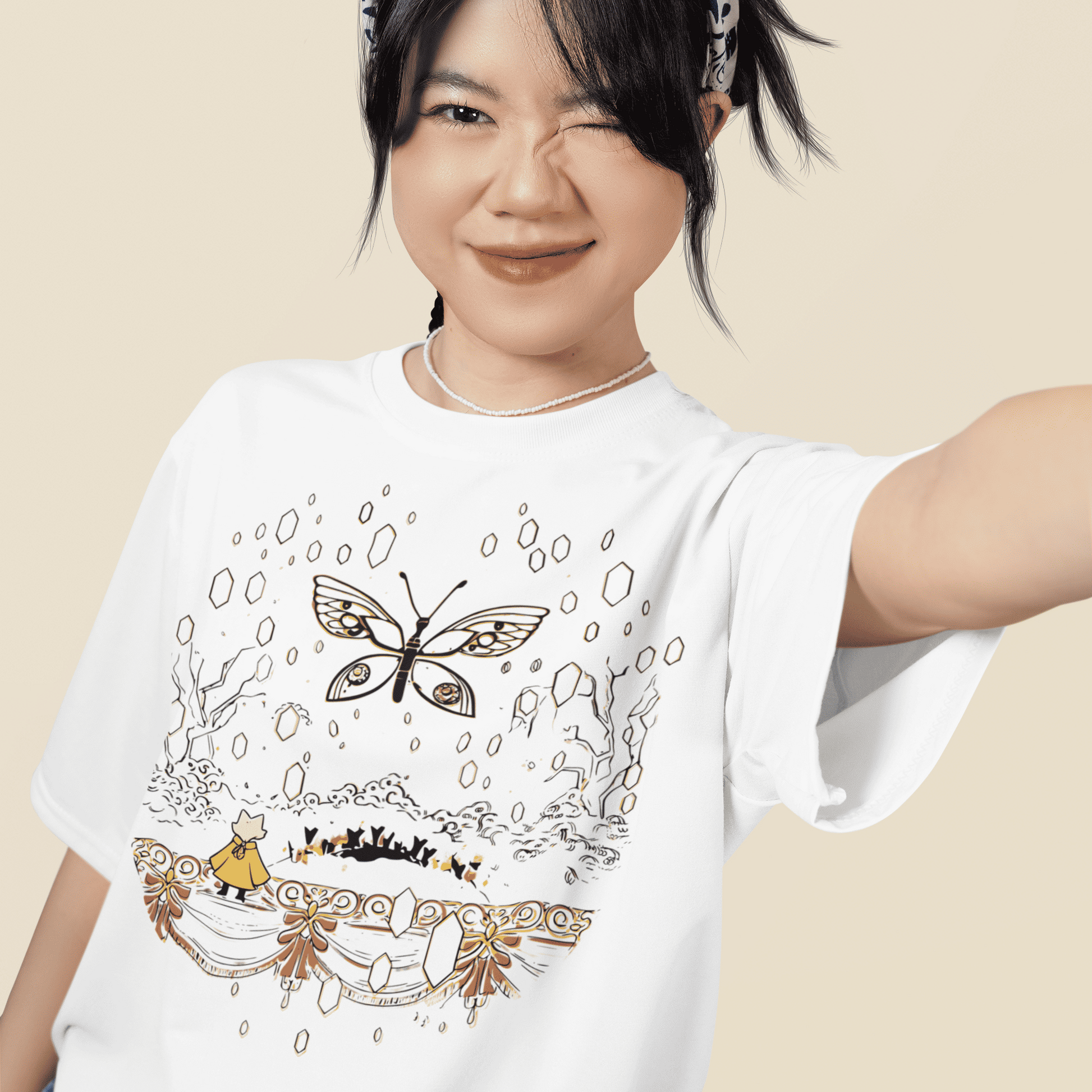Close-up lifestyle image of a model wearing the white Nine Sols Butterfly Tee – Golden Echo with a soft smile.